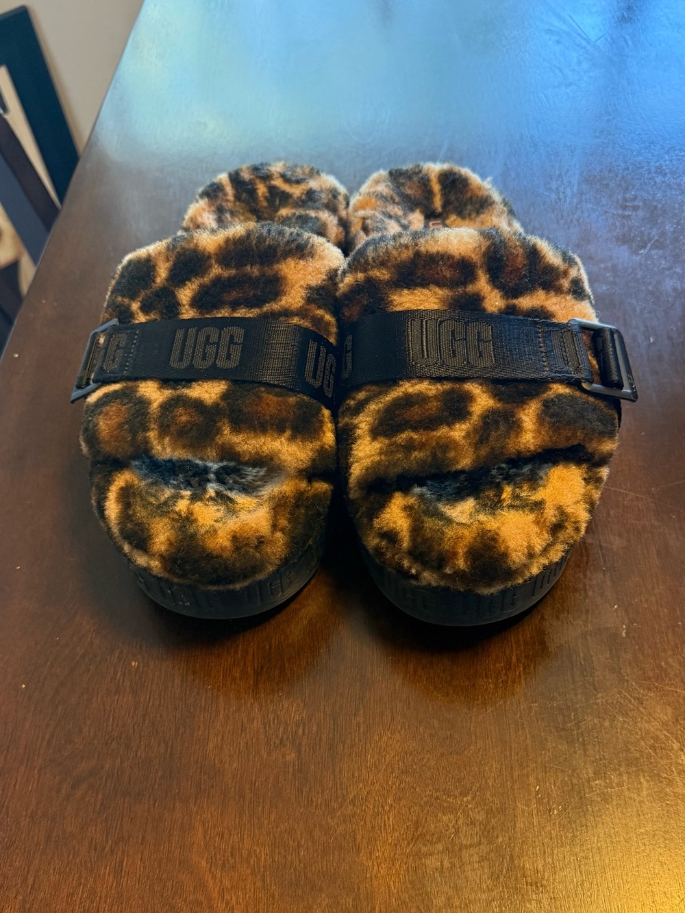 UGG Leopard Faux-Fur Slide Sandals in Brown and Black